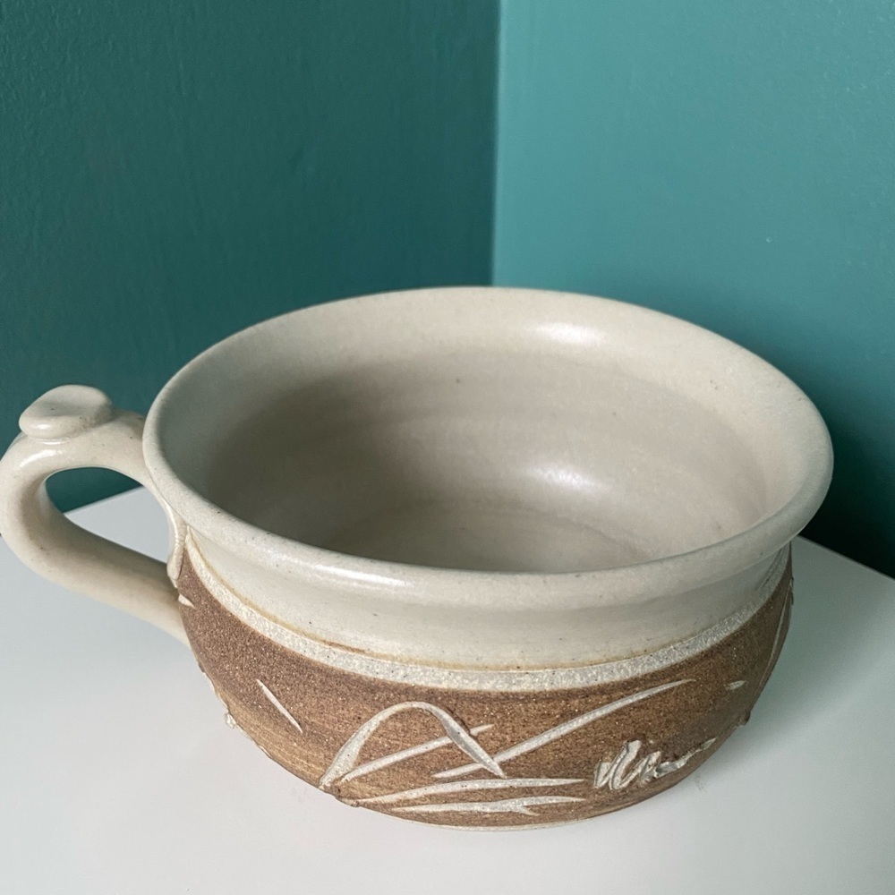 handmade Wheel Thrown Pottery Soup Bowl with Handle, Good Condition